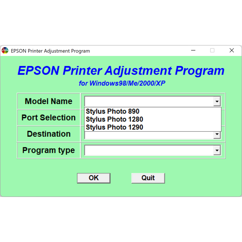 Epson Stylus Photo 890, 1280, 1290 Printers Service Adjustment Program